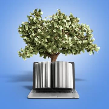 Black pc with money tree on gradient background 3d render Success knowlage co Stock Illustration