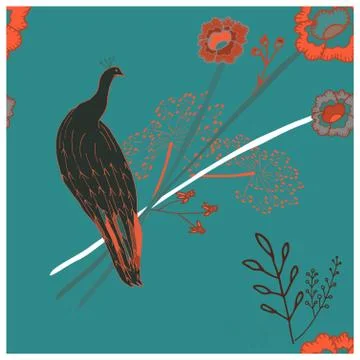 Black peacock illustration endless pattern. Illustrazione stock