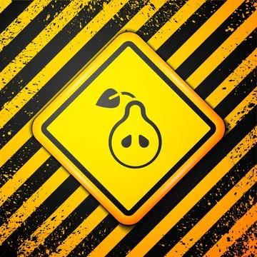 Black Pear icon isolated on yellow background. Fruit with leaf symbol. Warn.. Stock Illustration