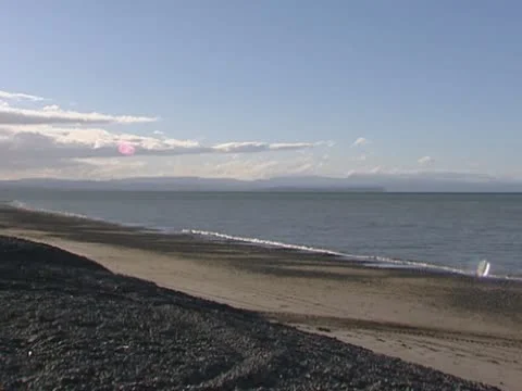 Black pebbles on volcanic beach at Hawke's bay Stock Footage