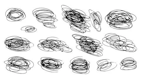 Black pen doodles in the shape of circles and ovals, abstract collection Illustrazione stock
