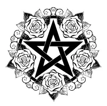 Black pentagram with roses Stock Illustration