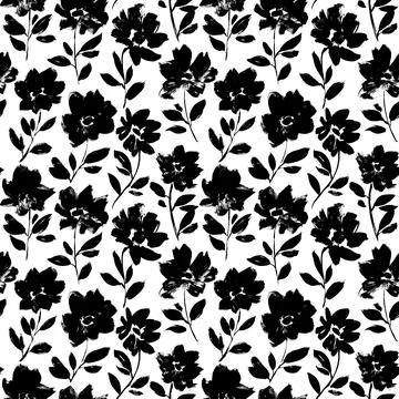 Black peony hand drawn vector seamless pattern. Stock Illustration