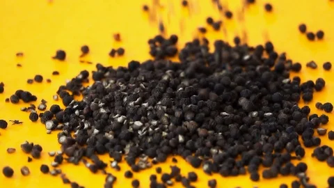 Black Pepper Dropping On Orange Surface, Slow Motion 250 FPS Stock Footage 92135082