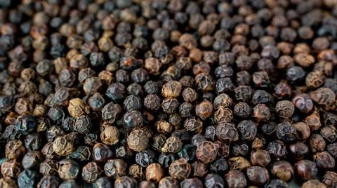 Black pepper grains as background close up. Stock Photos