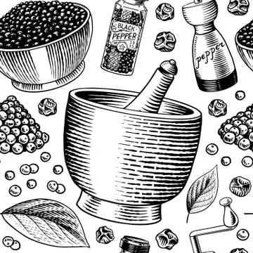 Black pepper seamless pattern in Vintage style. Mortar and pestle, Allspice or Stock Illustration