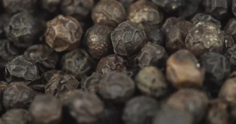 Black peppercorns closeup rotating selective focus Stock Footage 159146614