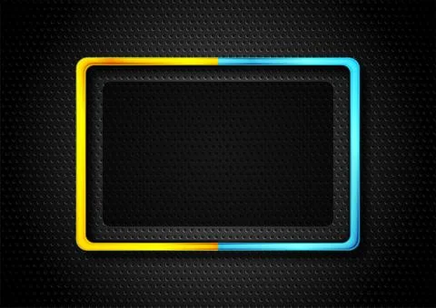 Black perforated background with blue yellow glossy rectangle frame Stock Illustration