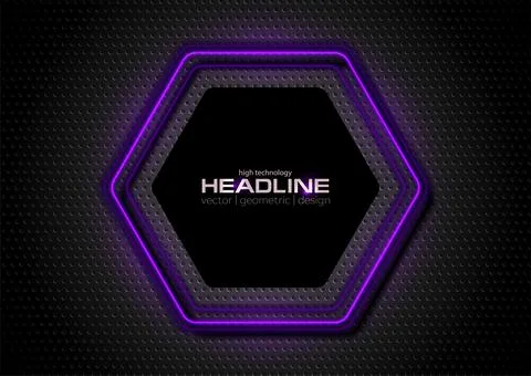 Black perforated background with violet glowing neon hexagonal frame Stockillustratie