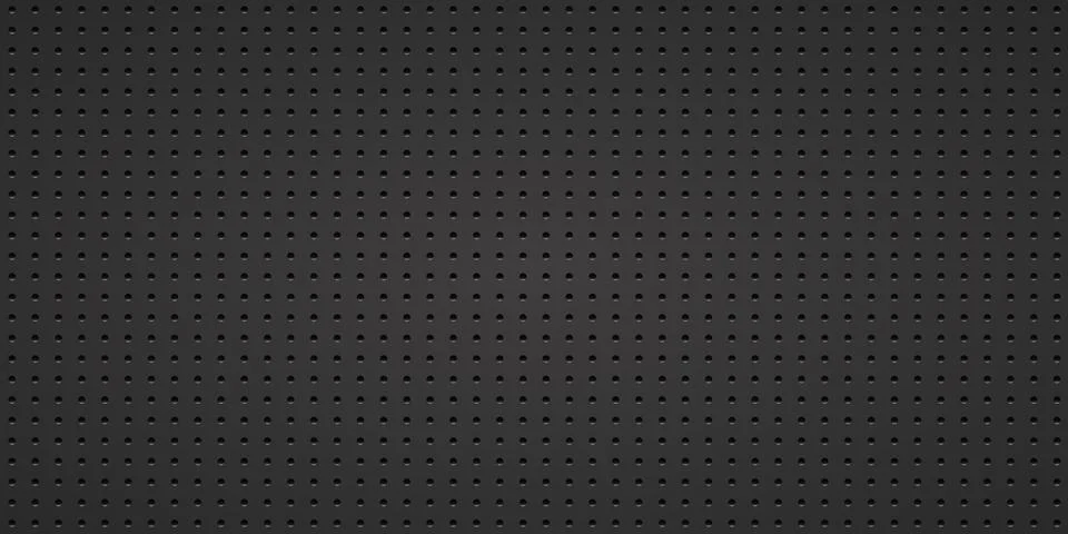 Black perforated metal panel with repeating geometric hole pattern, dark in.. Illustrazione stock