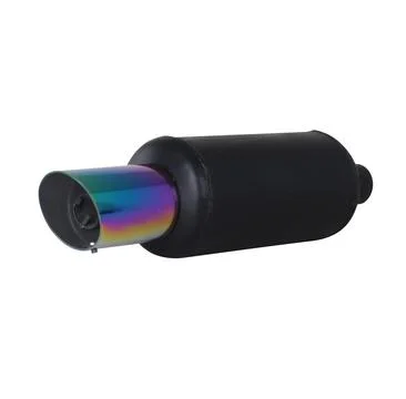 Black performance muffler with burnt titanium tip displaying rainbow coloration. Stock Photos