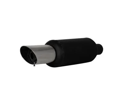 Black performance muffler with burnt titanium tip displaying rainbow coloration. Stock Photos