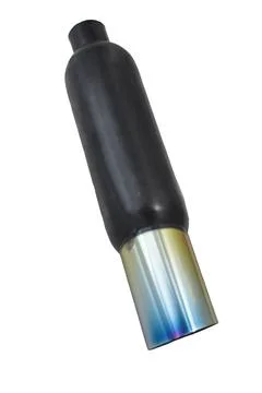 Black performance muffler with burnt titanium tip displaying rainbow coloration. 스톡 사진