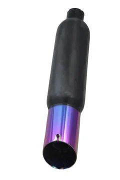 Black performance muffler with burnt titanium tip displaying rainbow coloration. Stock Photos
