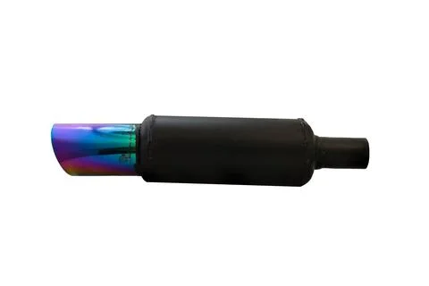 Black performance muffler with burnt titanium tip displaying rainbow Stock Photos