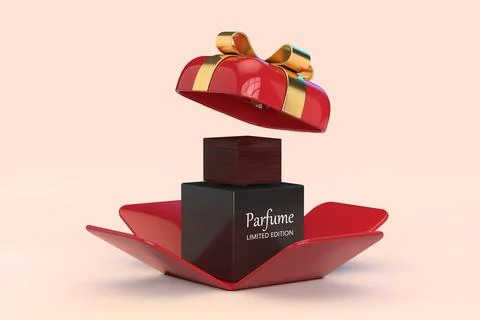 Black Perfume Bottle in Opened Red Gift Box with Golden Ribbon. 3d Rendering Stockillustratie