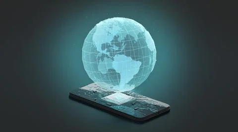 Black phone artificial intelligence earth neural chip mockup, dark background Illustrazione stock