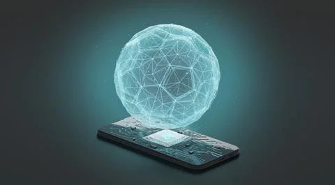 Black phone artificial intelligence soccer ball chip mockup, dark background Illustrazione stock