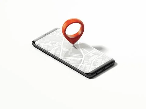 Black phone with opened map on screen and red geotag or map pin, 3d rendering 库存插图