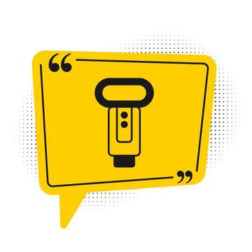 Black Photo camera flash icon isolated on white background. Yellow speech b.. Illustrazione stock