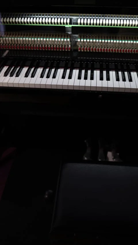 A black piano with a green light on it. The keys are white Video stock 294702452