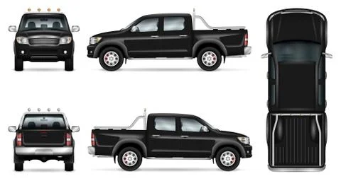 Black pickup truck vector mockup front, back, top view Stock Illustration