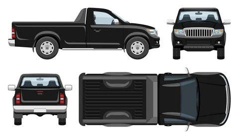 Black pickup vector template. Vehicle branding mockup side, front, back top v Stock Illustration
