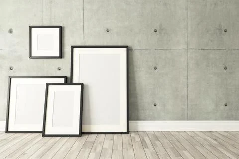 Black picture frames decor with concrete wall, background, template design Stock Illustration