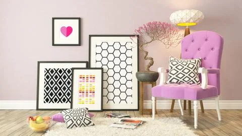 Black picture frames decor with pink bergere, background, template design Stock Illustration