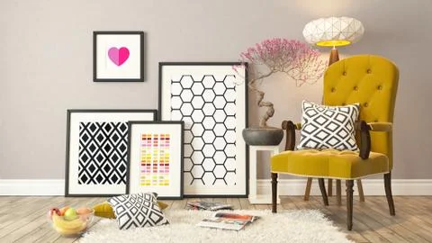 Black picture frames decor with yellow bergere, background, template design Stock Illustration