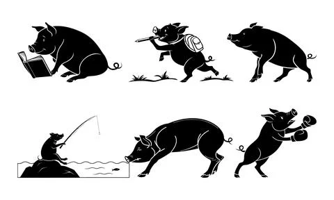 Black pigs performing various activities white background reading playing Illustrazione stock