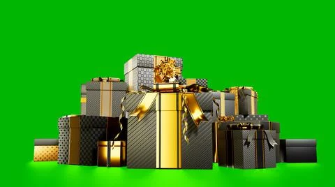 Black pile of giftboxes with reflection on chroma key screen Stock Illustration