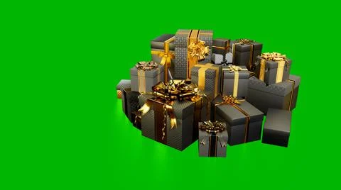 Black pile of present boxes with reflection on green screen Stock Illustration