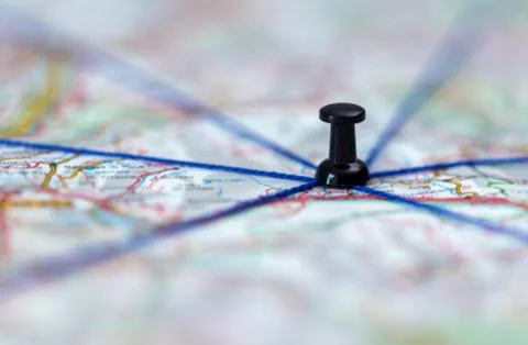The black pin marks a location on a map with routes 写真素材