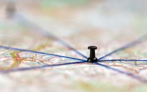 The black pin marks a location on a map with routes 写真素材