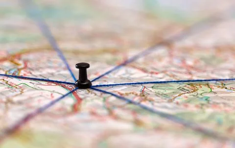 The black pin marks a location on a map with routes Stock Photos