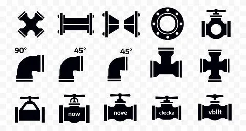 Black pipe fitting icons set on transparent background, plumbing symbols Stock Illustration