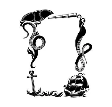 Black pirate frame with octopus tentacles and hat Stock Illustration