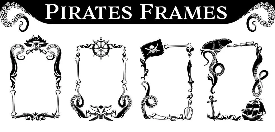 Black pirate frame with octopus tentacles, swords Stock Illustration