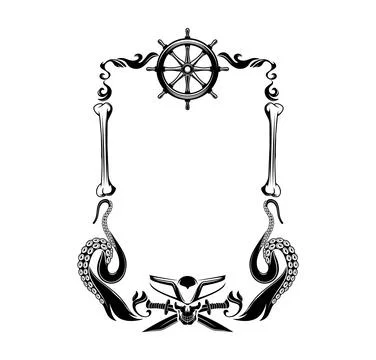 Black pirate frame with tentacles, bones, swords Illustrazione stock