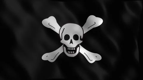 Black pirate jolly roger flag with skull and crossbones waving. 4K Video stock 344047196