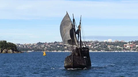 Black pirate ship in front of city Stock Footage 80603041