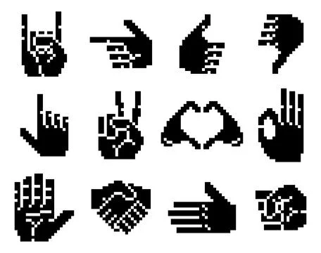 Black Pixel Art Hand Retro Icons Set Stock Illustration