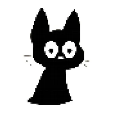 Black pixel cat on white background, cat with big eyes in cartoon style Stock Illustration