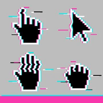 Black pixel glitch mouse hand and arrow cursor icon sign set Ilustração Stock
