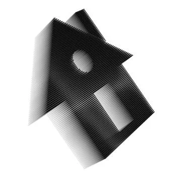 Black pixel icon-like image of house with door, round window and chimney Stock Illustration