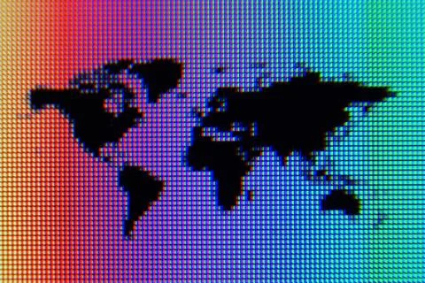 Black Pixel World Map on Rainbow Ocean Stock Illustration