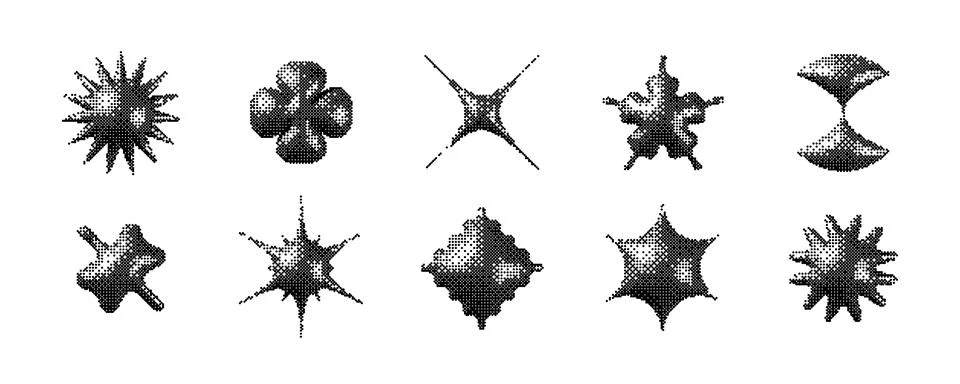 Black pixelated 3d Y2K shape set. Bitmap stars, flowers, sparkles element Illustrazione stock
