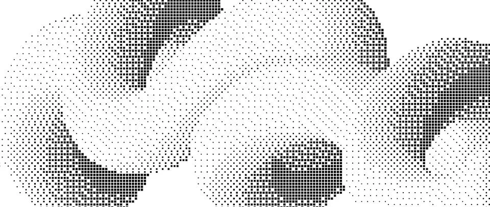 Black pixelated gradient undulate shape. Dotted dither texture background. Fluid Illustrazione stock