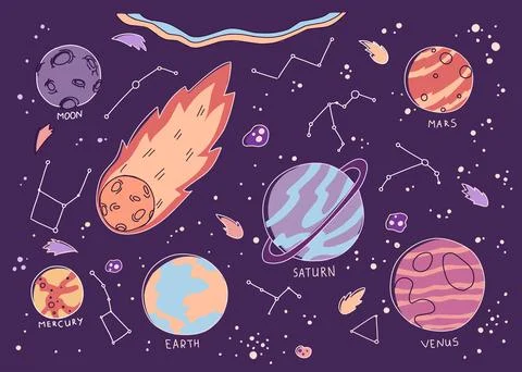 Black planets space constellations on dark background, Night sky background. Stock Illustration